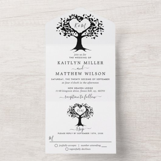 Eenvoudig zwart-wit monogram heetbomen bruiloft all in one uitnodiging (Binnen)