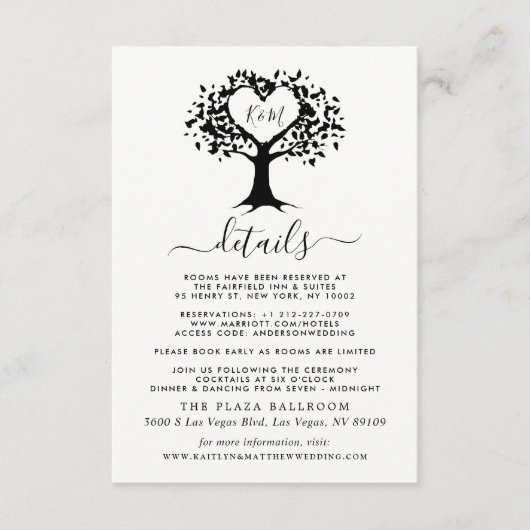 Eenvoudig zwart-wit monogram heetbomen bruiloft informatiekaartje (Voorkant)