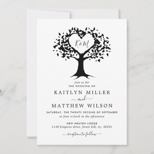 Eenvoudig zwart-wit monogram heetbomen bruiloft kaart (Voorkant)