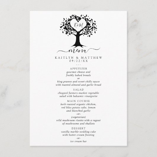 Eenvoudig zwart-wit monogram heetbomen bruiloft menu (Voorkant)