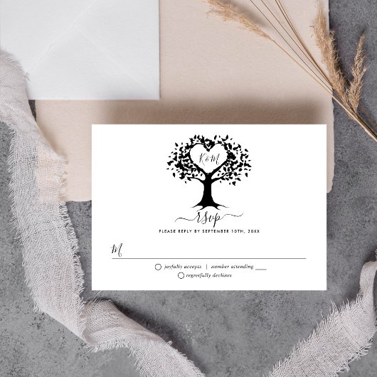 Eenvoudig zwart-wit monogram heetbomen bruiloft RSVP kaartje