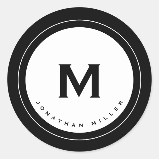 Eenvoudig zwart-wit monogram Initiaal & naam Ronde Sticker (Voorkant)