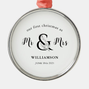 Eenvoudig zwart-wit Mr. & Mrs. 1 Kerstmis Metalen Ornament