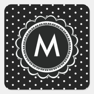 Eenvoudig zwart-wit Polka Dot Monogram Retro Vierkante Sticker