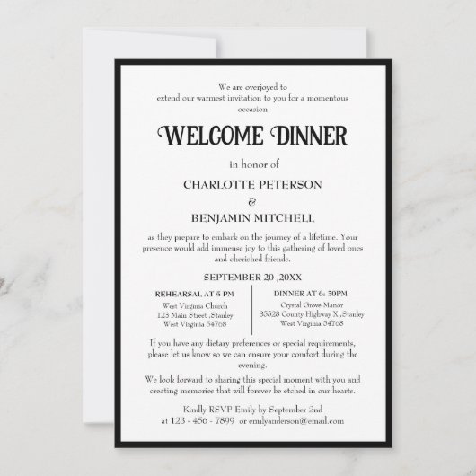 Eenvoudig Zwart & Wit Repetitie Welkomstdiner Kaart (Voorkant)