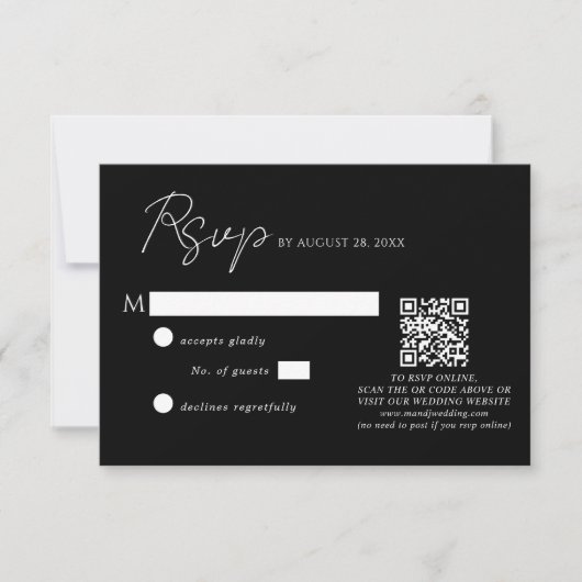 Eenvoudig zwart wit script QR code bruiloft RSVP Kaartje (Voorkant)