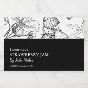 Eenvoudig zwart & wit Strawberry Jam Label Voedselcontainer Etiket