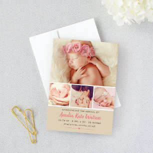Eenvoudig Zweet Roze Baby Girl Foto Collage Birth Aankondiging