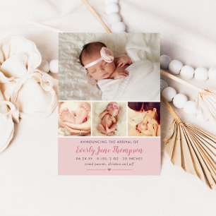 Eenvoudig Zweet Roze Baby Girl Foto Collage Birth Aankondiging
