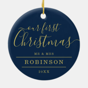 Eenvoudige 1st XMAS Weddenschap Foto Gold Lijst Na Keramisch Ornament
