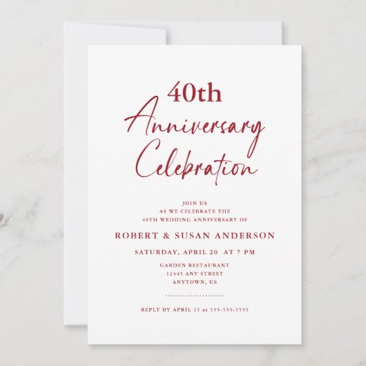 Eenvoudige 40e bruiloft Jubileum Ruby Rood Kaart (Voorkant)