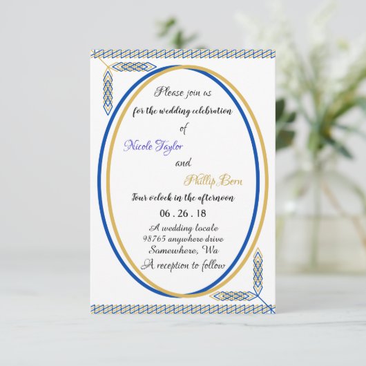 Eenvoudige aangepaste blauwe en gele bruiloft uitn kaart (Staand voorkant)