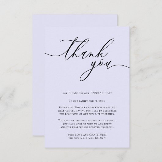 Eenvoudige aangepaste lavendekalligrafie Dank je w Informatiekaartje (Voorkant / Achterkant)