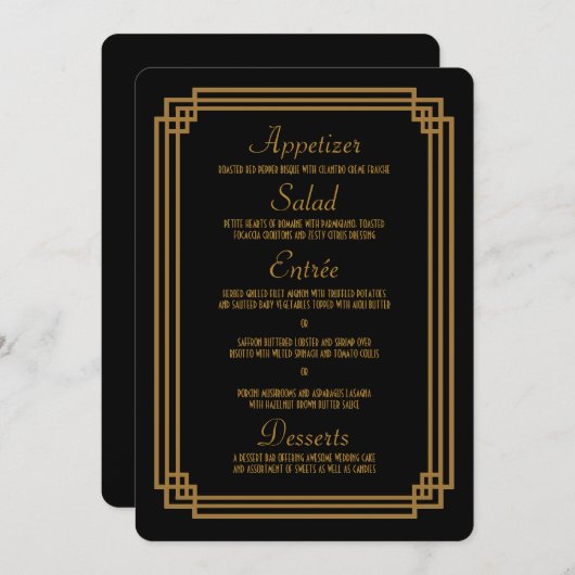 Eenvoudige Art Deco Zwart Bruiloft Menu Kaarten (Voorkant / Achterkant)