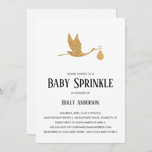 Eenvoudige Baby Sprinkle Preppy Gold Stork w Bundl Kaart (Voorkant / Achterkant)