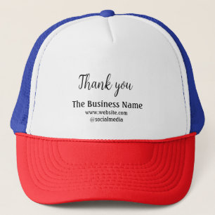 Eenvoudige bedanktekst met bedrijfsnaam details te trucker pet