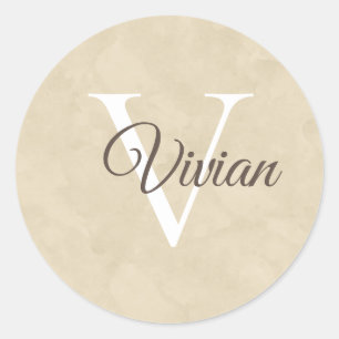 Eenvoudige beige Waterverf monogram naam Ronde Sticker