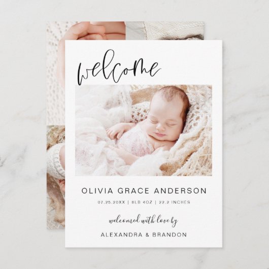 Eenvoudige bekendmaking van Baby Elegant Photo Col Aankondigingskaart (Voorkant / Achterkant)