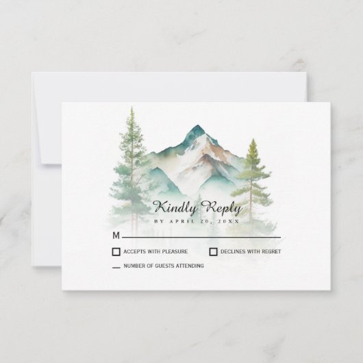 Eenvoudige berg- en dennenbomen bruiloft RSVP kaartje (Voorkant)