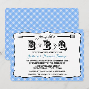 Eenvoudige blauw Gingham BBQ Baby Shower-uitnodigi Kaart