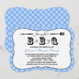 Eenvoudige blauw Gingham BBQ Baby Shower-uitnodigi Kaart
