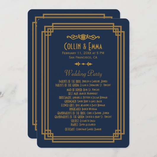 Eenvoudige Blauwe Art Deco Trouwprogramma's Programma (Voorkant / Achterkant)