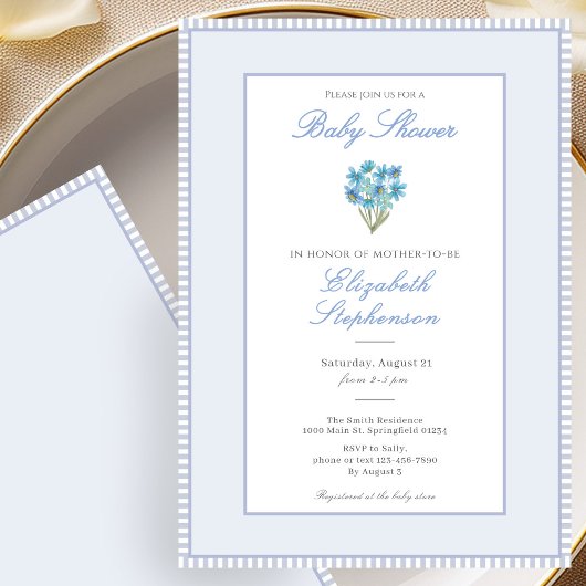 Eenvoudige Blauwe Bloemige Baby Shower Uitnodiging