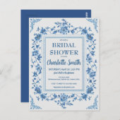 Eenvoudige blauwe chinoiserie bloemrijke bruidsdou briefkaart (Voorkant / Achterkant)