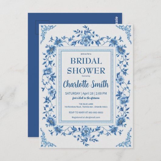 Eenvoudige blauwe chinoiserie bloemrijke bruidsdou briefkaart (Voorkant / Achterkant)