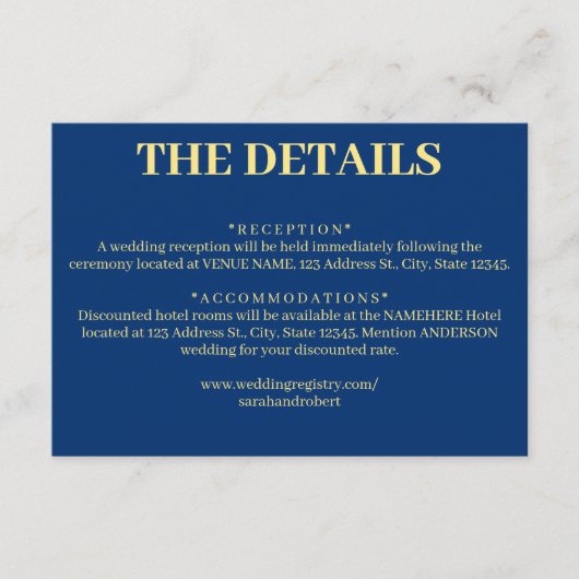 Eenvoudige Blauwe en Gele Huwelijksdetails Informatiekaartje (Voorkant)