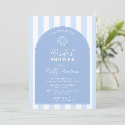 Eenvoudige Blauwe En Witte Schelp Kust Bruidsdouch Kaart (Staand voorkant)