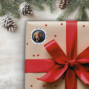 Eenvoudige Blauwe en Witte Sneeuwvlok Kerstfoto Ronde Sticker