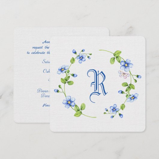 eenvoudige blauwe florale mond met monogram kaart (Voorkant / Achterkant)