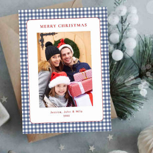 Eenvoudige Blauwe Gingham Kerst Foto Feestdagenkaart
