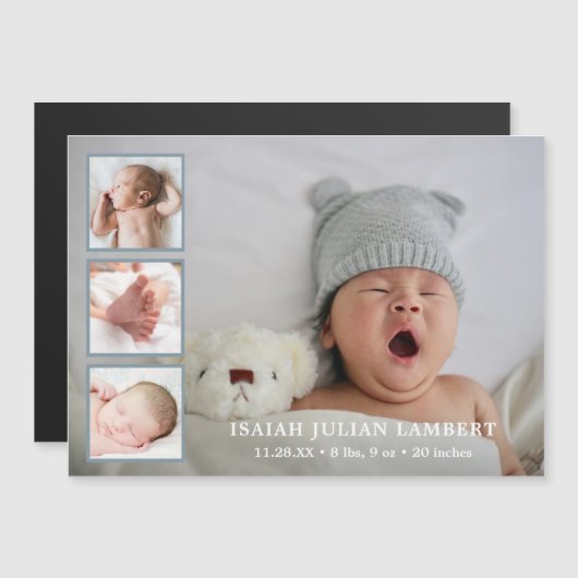 Eenvoudige blauwe jongen Foto Collage Birth Announ Magnetische Uitnodiging (Voorkant / Achterkant)