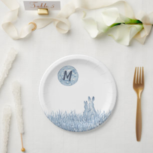Eenvoudige Blauwe Konijnen, Moon Monogram Custom,  Papieren Bordje