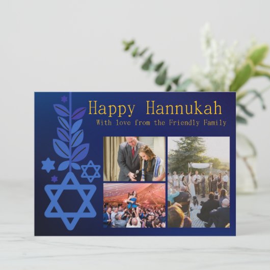 Eenvoudige Blauwe Multi Afbeelding Hannukah Kaart (Staand voorkant)