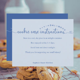 Eenvoudige blauwe script cookieverzorgingsinstruct bedankkaart