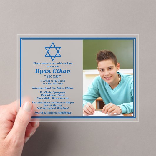 Eenvoudige Blauwe Ster van David Photo Bar Mitswa Acryl Uitnodigingen (Insitu (Draagbaar))