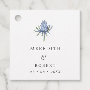 Eenvoudige blauwe Waterverf Thistle Weddenschappen Bedankjes Labels