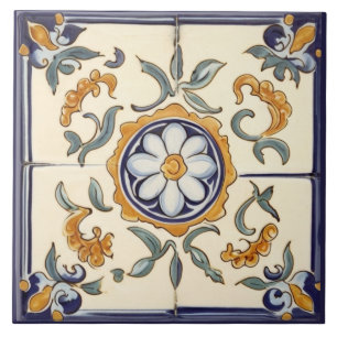 Eenvoudige Bloem Mediterraan Blauw Cream Bloemen Tegeltje