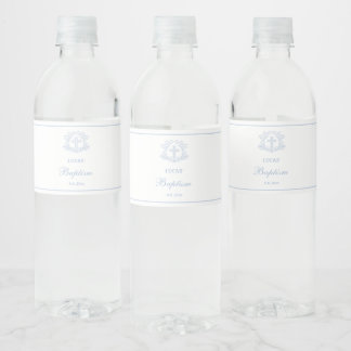 Eenvoudige Bloemen Licht Blauw Kruis Doop Waterfles Etiket