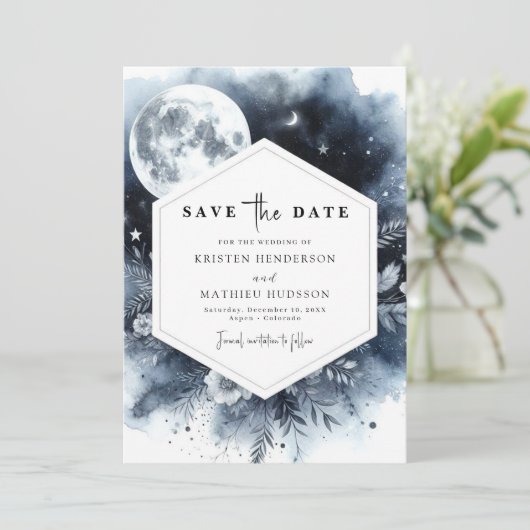 Eenvoudige Bloemen Maanverlichte bruiloft Save The Date (Staand voorkant)