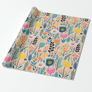 Eenvoudige Bloemen Moderne Folk Art Illustratie Cadeaupapier