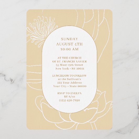 Eenvoudige bloemengoud wit doop Folie uitnodiging (Achterkant)