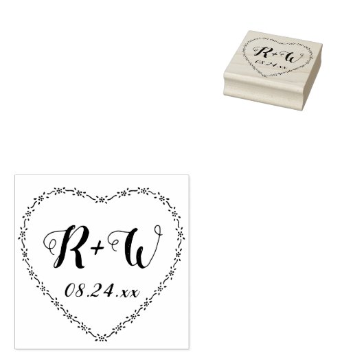 Eenvoudige bloemenkrans met hart Houten trouwmonog Rubberstempel (Gestempeld)