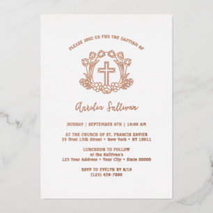 Eenvoudige bloemenkruis doop Folie Uitnodiging