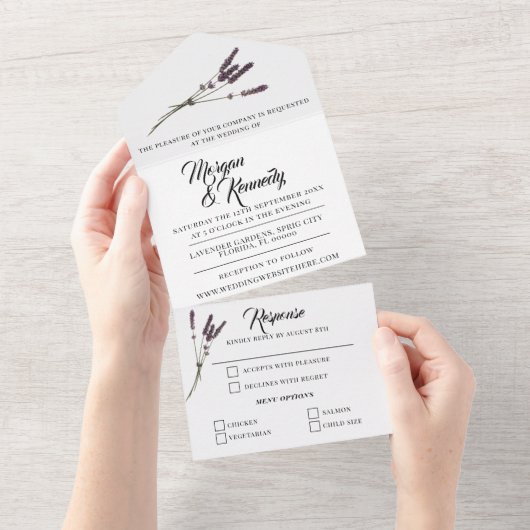 Eenvoudige bloemenlavendel lente RSVP bruiloft All In One Uitnodiging (Afscheurbaar)