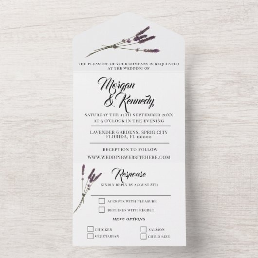 Eenvoudige bloemenlavendel lente RSVP bruiloft All In One Uitnodiging (Binnen)