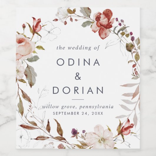 Eenvoudige bloemige bruiloft wijn etiket (Enkel label)